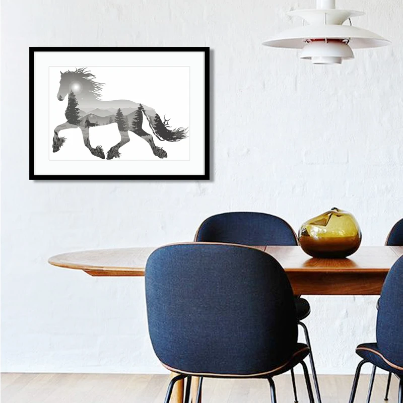 

Nordic decorative flowers living room sofa background wall painting lion and horse running frameless drawing