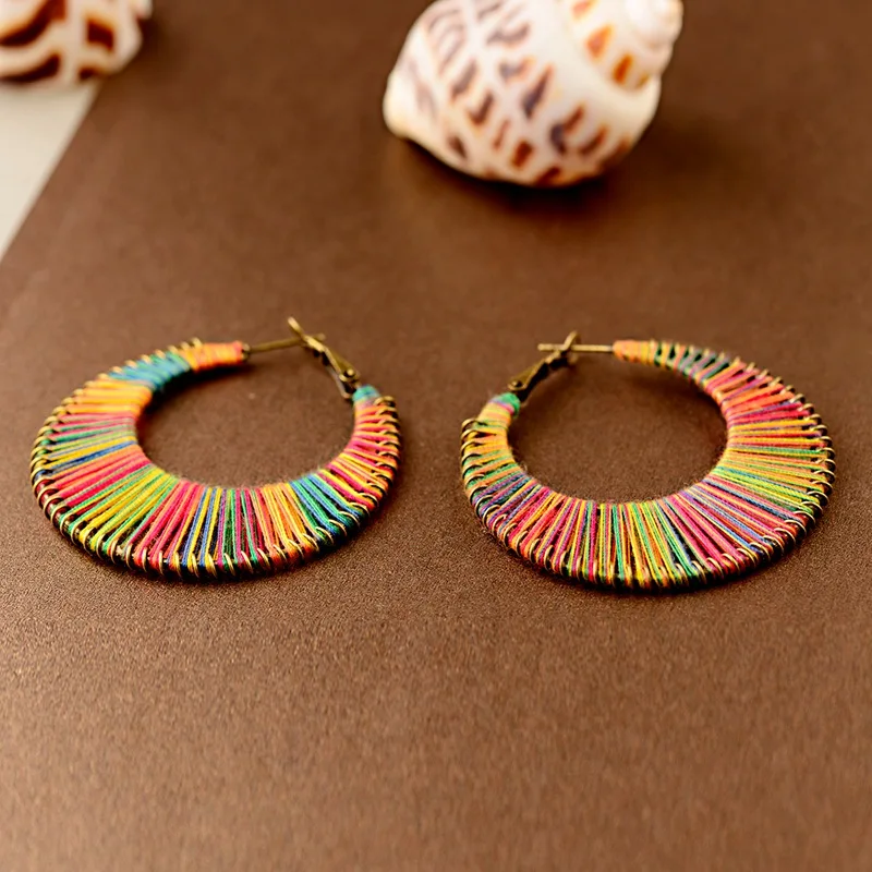 TopHanqi Радуга рафия обмотки серьги для женщин ручной работы статусные модные ювелирные изделия аксессуары большие круглые серьги