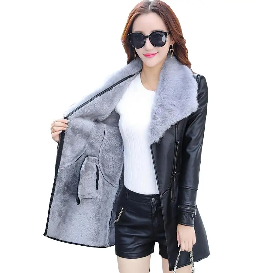 Women PU Leather Jacket Fashion Slim Plus Velvet Jacket Ladies Faux Synthetic Long Leather Coat s1060