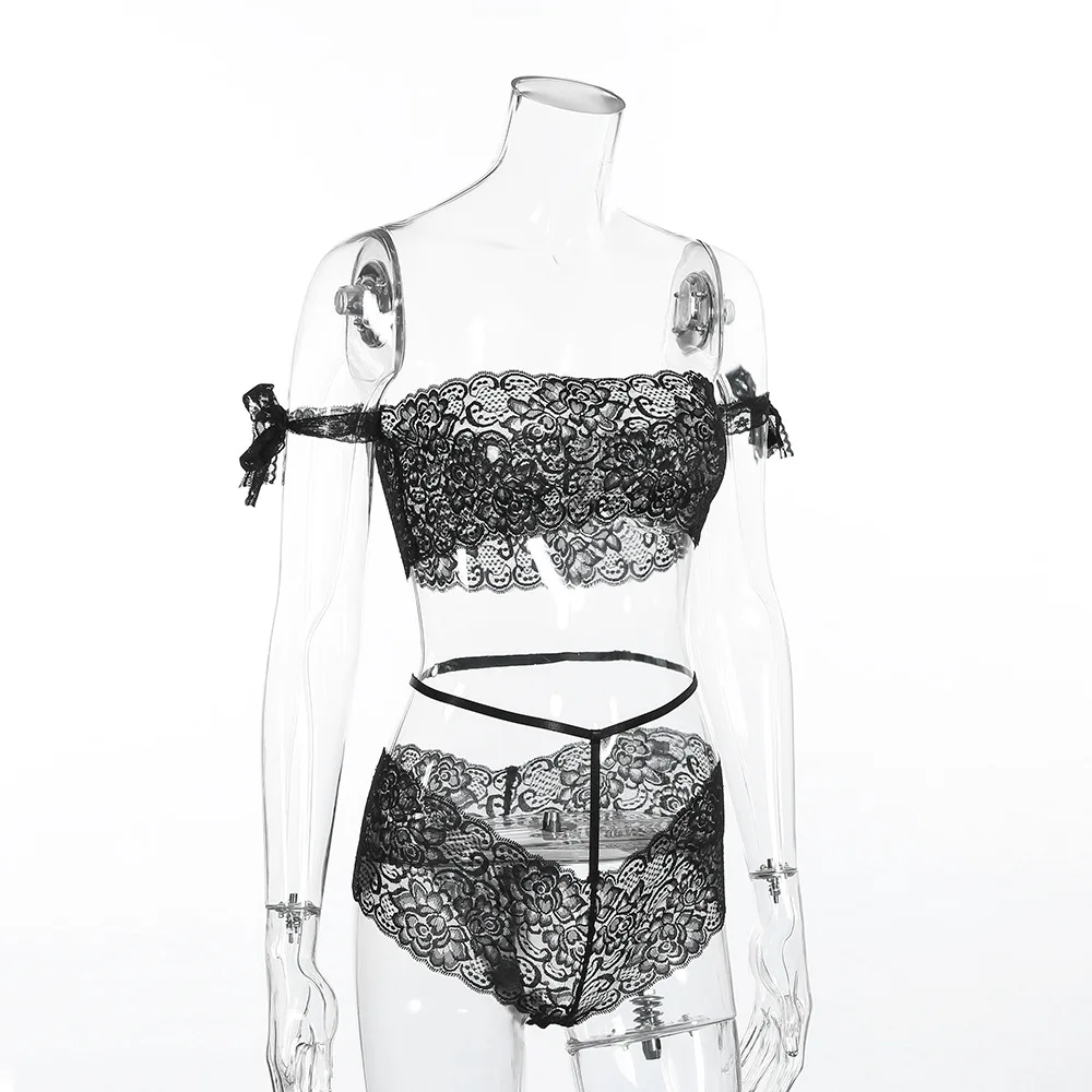 New Women Exotic Clothes Set Sexy Ladies Lingerie Lace Underwear Crop Top Womens Black Babydoll Sleepwear G-string Bottom | Тематическая