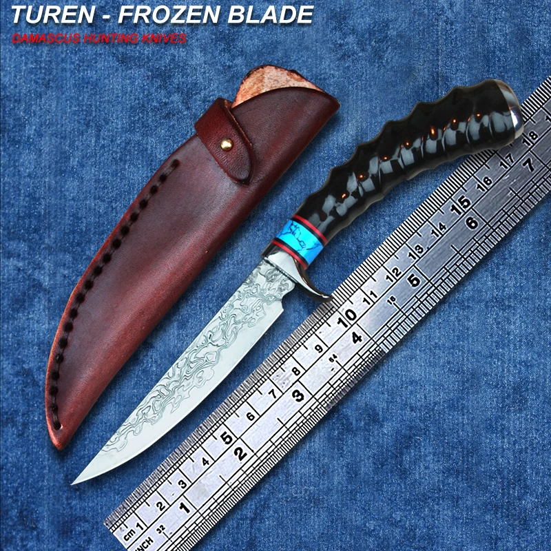 Турен замороженных лезвия 59 HRC Дамаск Открытый Охота прямой нож Дикий бараний рог