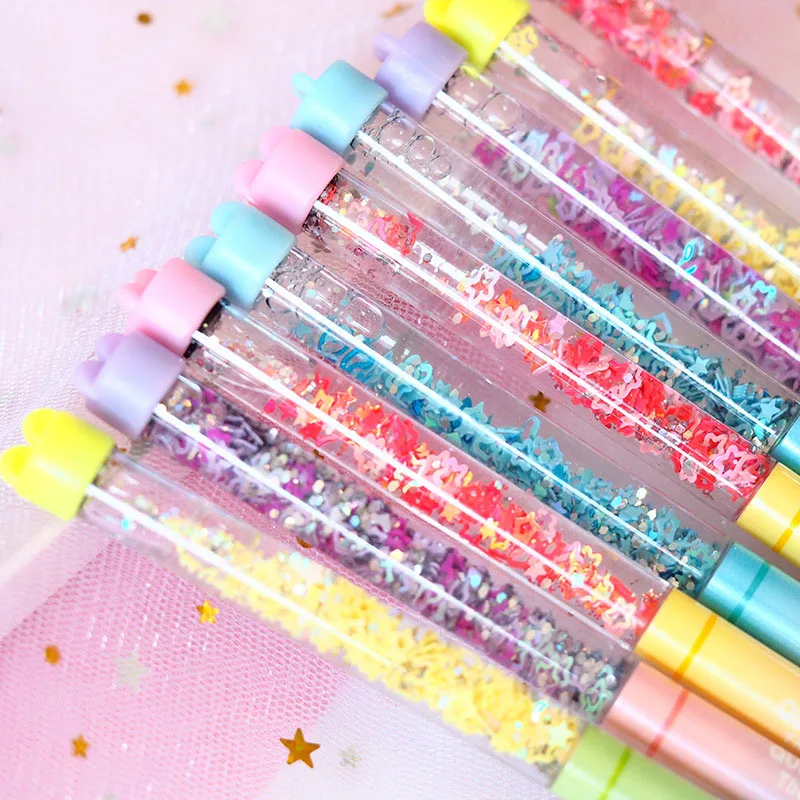 Перо-расческа Fairy Stick с гелевыми чернилами 0.5 мм с песчаным блеском, звездами и сердечками, ручки Kawaii, разноцветные шарики в радужных тонах для девочек, подарок, школьные принадлежности.