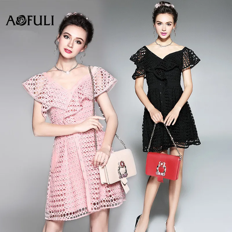 AOFULI L XXXXL 5XL платье большого размера летняя одежда 2018 открытые кружевные вечерние