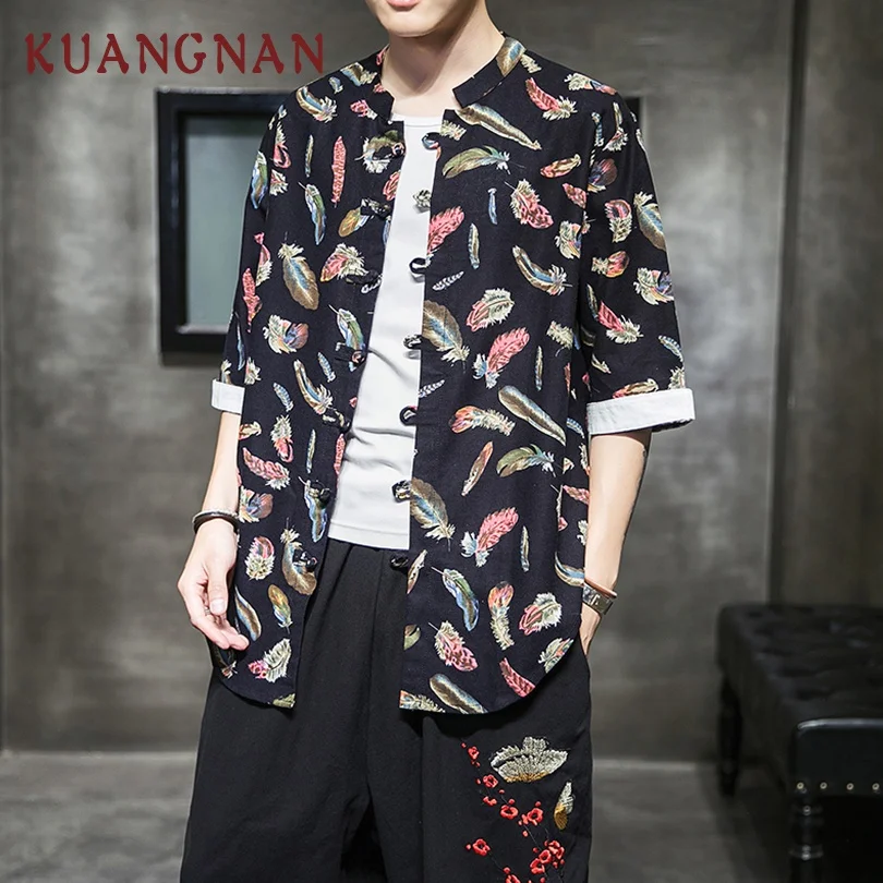 KUANGNAN китайский стиль Harajuku рубашка Мужская Уличная Мужская гавайская рубашка модная блузка Мужская рубашка короткий рукав одежда 5XL