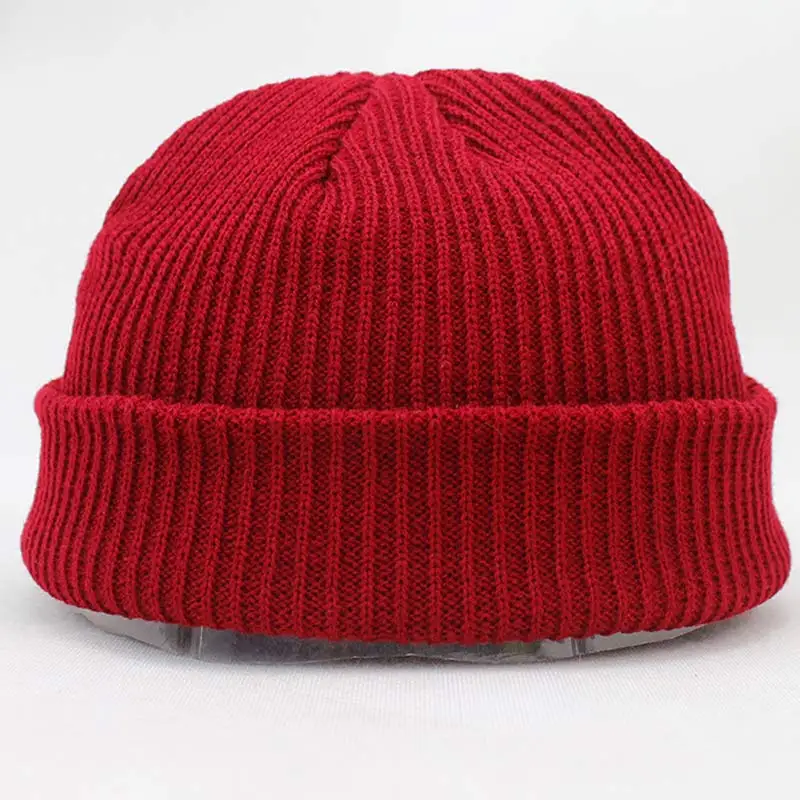 dark red Короткая дизайнерская теплая вязаная однотонная шапка для женщин и мужчин, вязаная шапка унисекс, модная хип-хоп шапка Skullies - Цвет: dark red