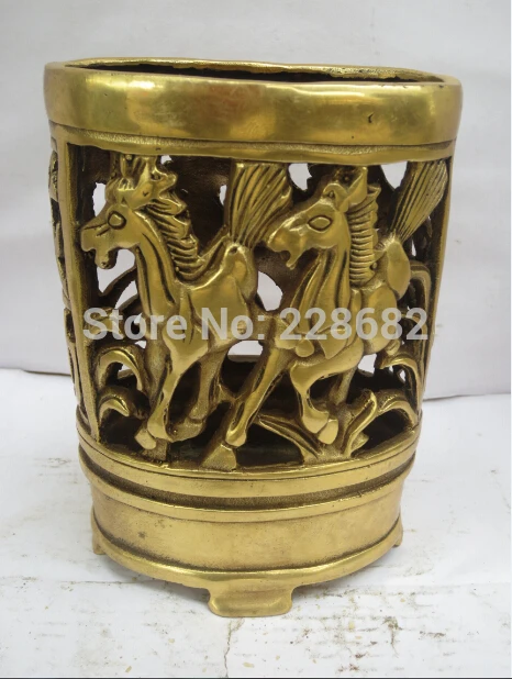 Коллекционный китайский латунный резной ажурный держатель для ручек с 4 лошадьми