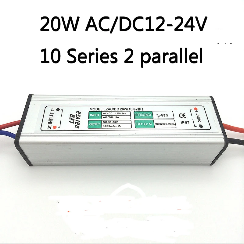 

10pcs DC12V-24V 20W 600mA Power Supply Floodlight LED Driver 10 series 2parallel lighting Transformer IP67 Waterproof Adapter