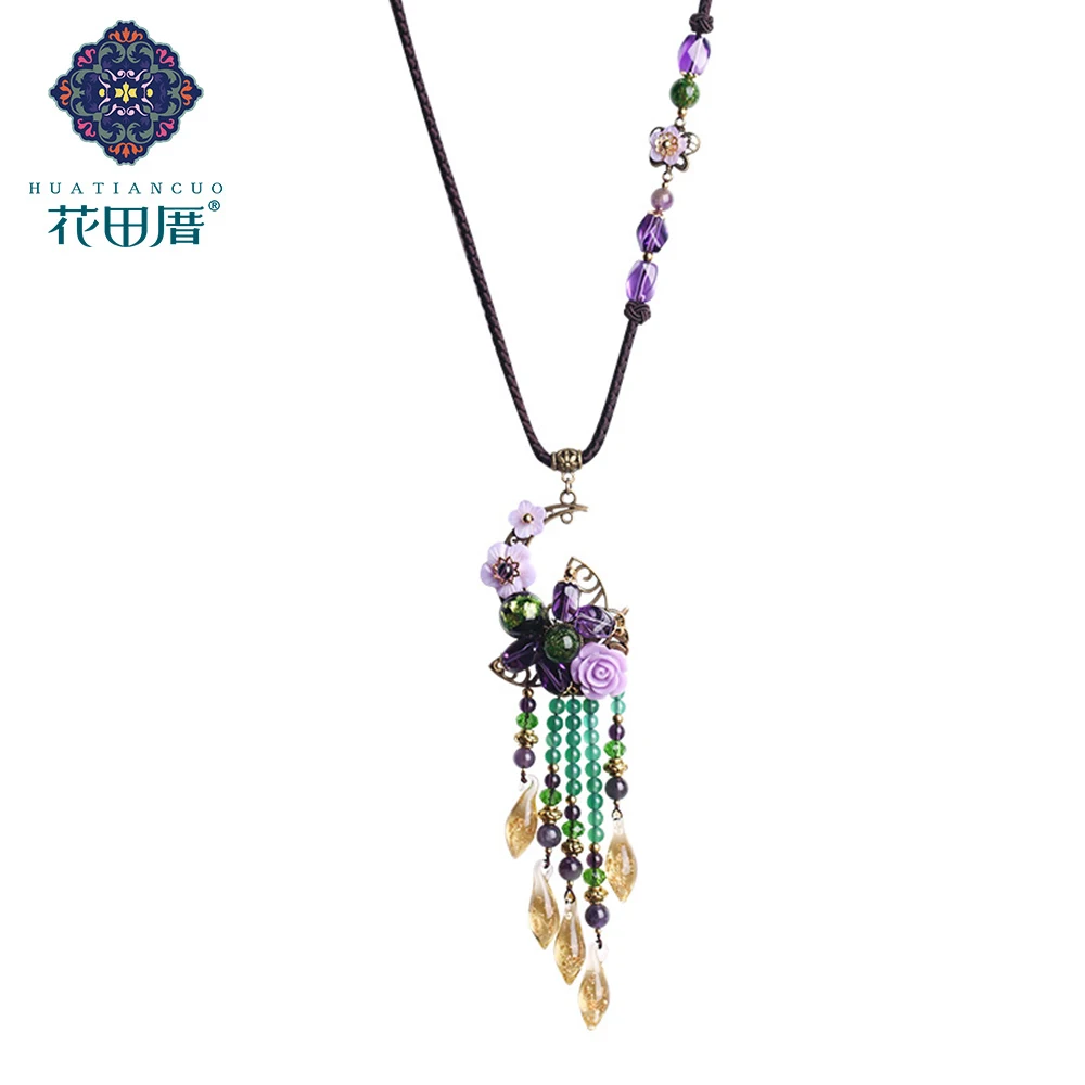 

Ethnic Handmade Tassel Colored GLass Purple Crystal Shell Flower Resin Rose Flower Rope Chain Pendant Necklace Jewelry CL-18004