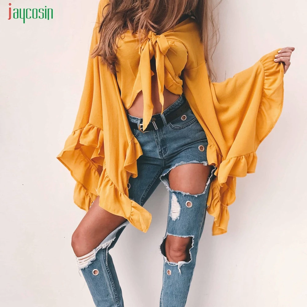 Jaycosin женские блузки модные длинные с расклешенными рукавами v образный вырез
