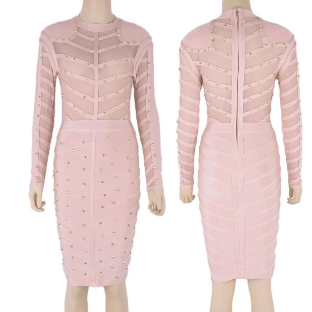 

Pink Rayon Studded Long Sleeve Mesh Nail Beaded Celebrity Sexy Women 2016 New Fashion Bodycon Bandage Dress