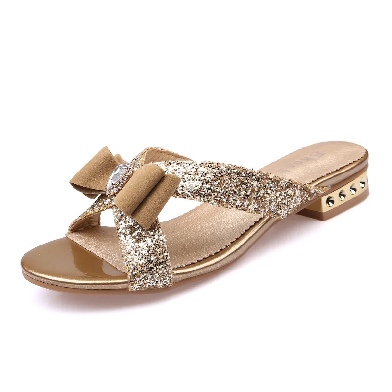 Gold Bling Ekoak/Новинка; Модные женские босоножки; женские пикантные прозрачные Блестящий бант на шею; обувь под вечернее платье; женская летняя пляжная обувь; шлепанцы без задника для девочек - Цвет: Gold Bling