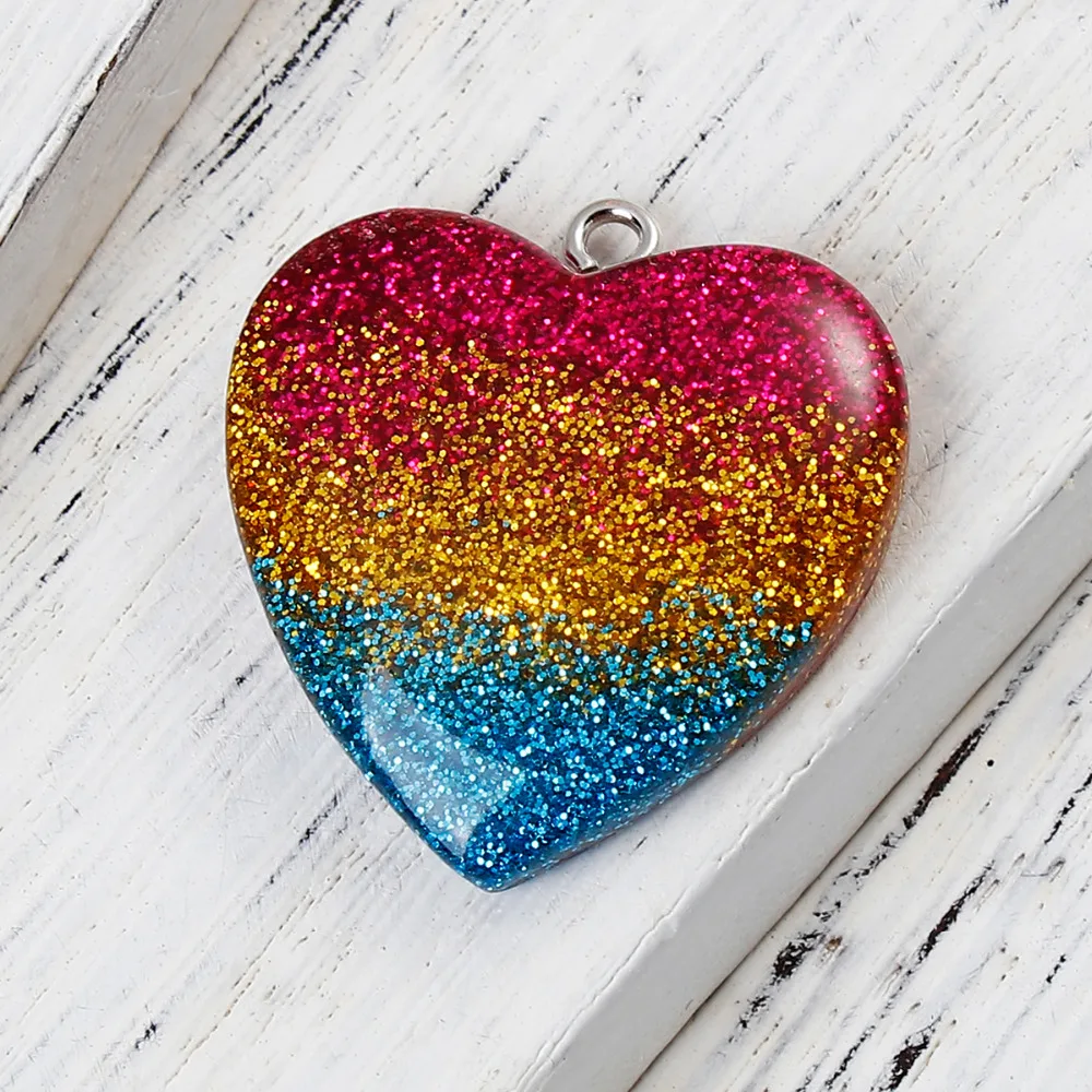 

8SEASONS 2017 Trendy Resin Pendants Heart Glitter Multicolor 30mm(1 1/8") x 27mm(1 1/8"), 3 PCs