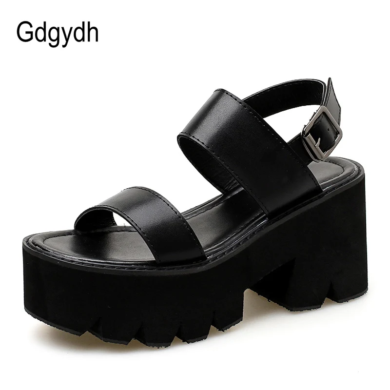 Gdgydh Block Chunky Heels Sandals Woman Open Toe Platform Shoes Casual Female Ankle Strap Black Ladies Footwear on Summer