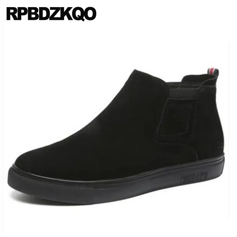 

Trainer Ankle Boots Winter Black Flat Faux Fur Chelsea Booties Men Slip On Casual Shoes High Top Genuine Leather Sneakers Suede