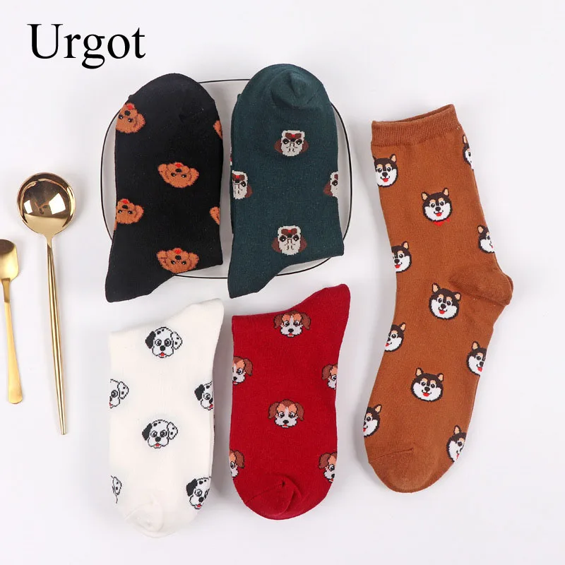 Urgot/5 пар, женские носки, весна-осень, милые женские Носки с рисунком животных, кошка, собака, женские повседневные Мягкие забавные дышащие хлопковые носки, Sox