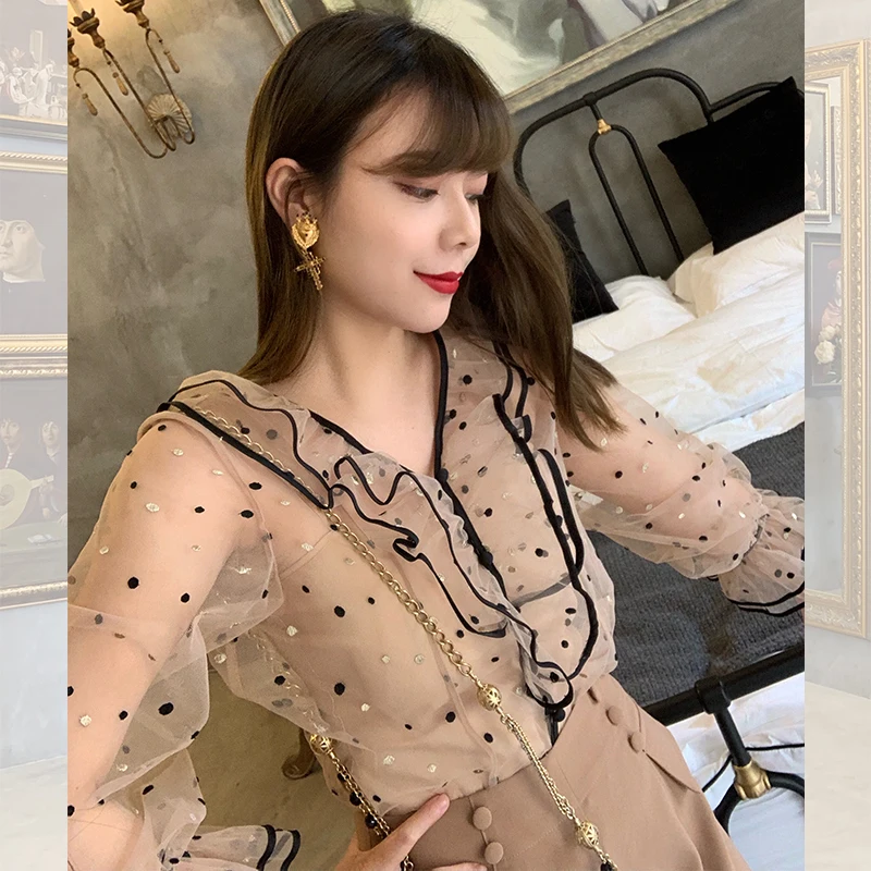 LYNETTE'S CHINOISERIE весна-лето Женский сказочный стиль в горошек прозрачные оборки рубашки с v-образным вырезом/блузки