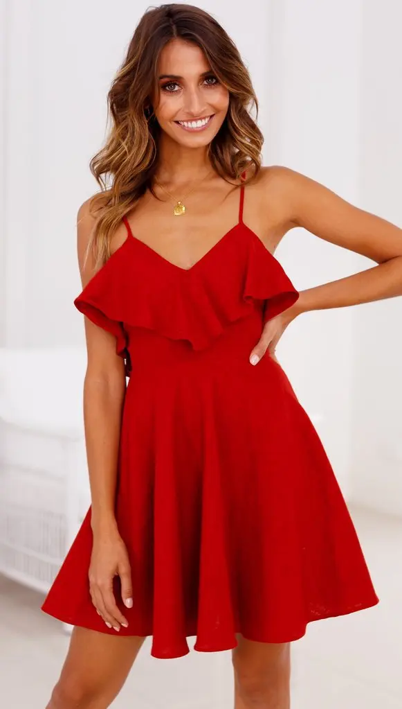 Summer Sexy Dress Women's 2019 Backless Cross Drawstring Ruffles Bundle Waist V-neck Strap Mini Red Vintage | Женская одежда