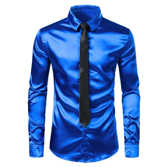 1 Men's Royal Blue Silk Satin Dress Shirts with White Bowtie New Slim Fit Long Sleeve Men Tuxedo Shirt for Party Wedding 3XL - Цвет: 1