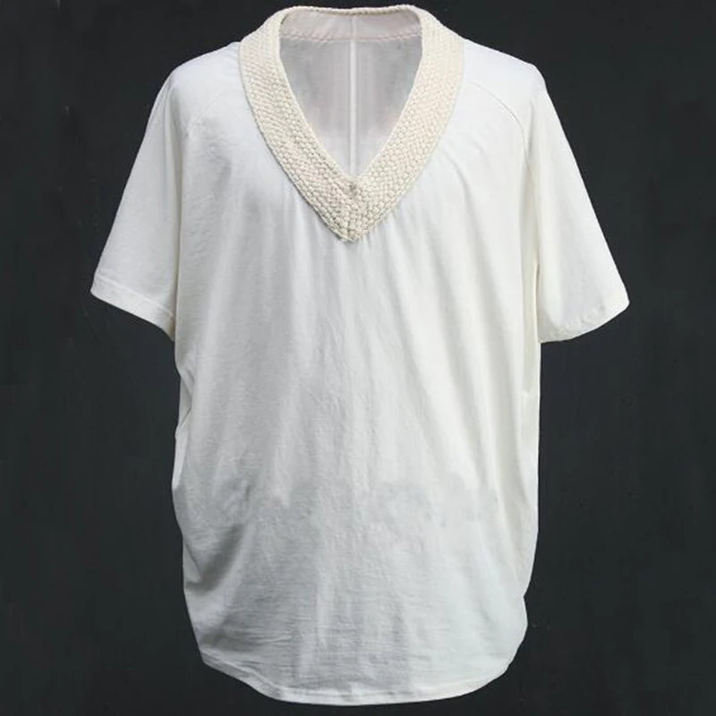 Mens Deep V-neck Weave Batwing Sleeve Loose T-shirts Brand Punk Fashion Soft Cotton Summer Top Tees Black White 2018 New | Мужская