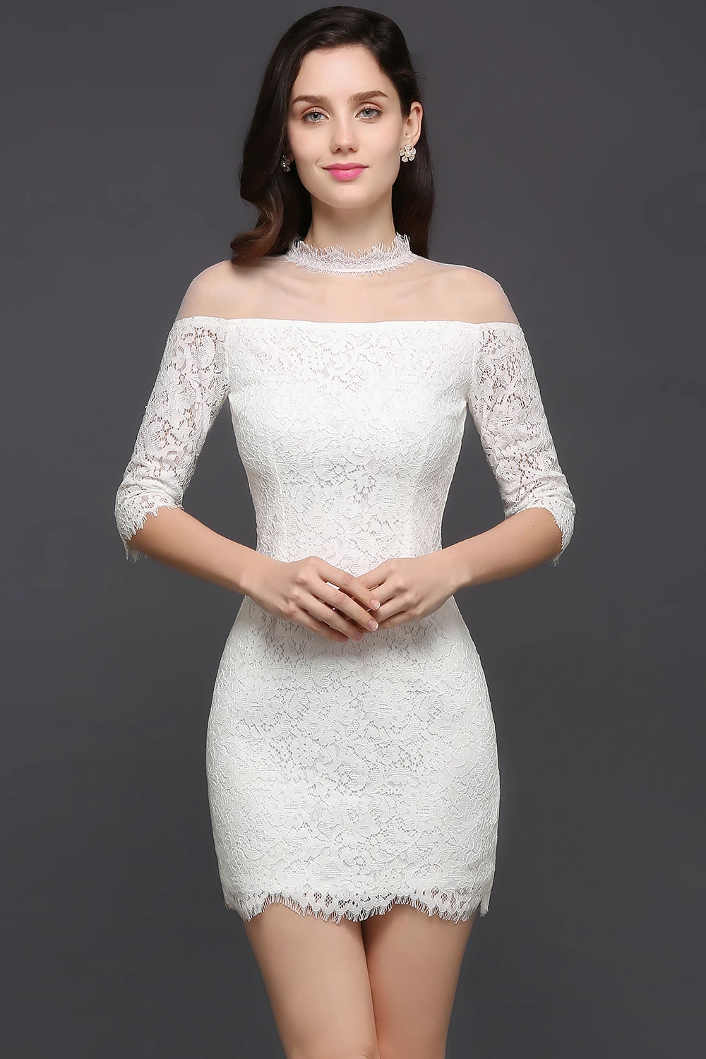 Кружевное мини-платье для выпускного вечера с коротким рукавом Прозрачное