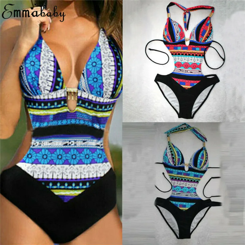 Женский слитный купальник с цветочным принтом винтажный лямкой на шее