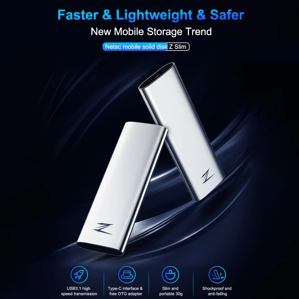 Внешний SSD Netac 128GB 256GB 512GB type c USB 3 1 мобильный твердотельный диск Z Slim ТБ 2 портативный