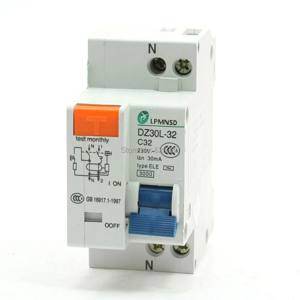 AC 230V 220V 32A 1P 1 One Pole Phase 3000A Overload Household Miniature Earth Leakage ELE Circuit Breaker + N DZ30L-32 | Обустройство