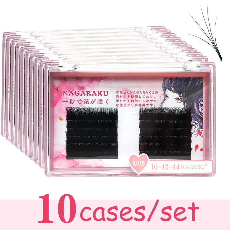 NAGARAKU 10 cases Eyelash Extensions Auto fans eyelash Easy to fan lash 0.03mm Mixed Length Faux Mink Russian volume | Красота и