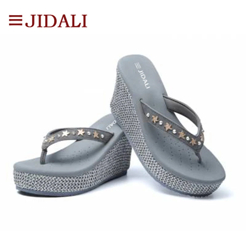 JIDALI/женские модные вьетнамки на высоком каблуке со звездами; пляжная обувь на танкетке; женские уличные сандалии из ЭВА; сезон лето; Размеры 35-39 - Цвет: Grey