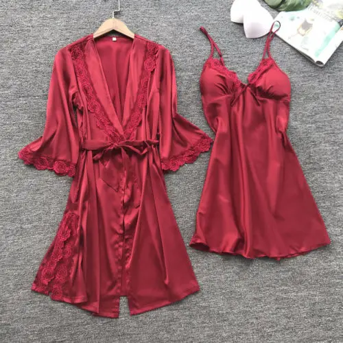 Комплект из 3 предметов женское белье Шелковое кружево банный халат Babydoll ночная