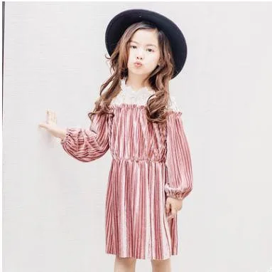

2018 Girls autumn lace striped long sleeve dress , girls dress , kids clothes , 5pcs/lot SSM03
