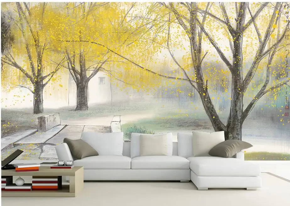 Обои для гостиной акварельные Золотые деревья фрески окна Настенные обои