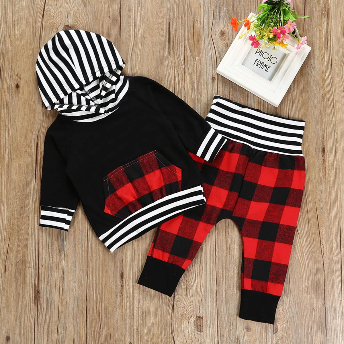 2Pcs Toddler Baby Boy Girl Striped Plaid Red Pullover Pocket Hoodie Autumn Tops+ Pants Outfits 2pcs Clothes | Детская одежда и