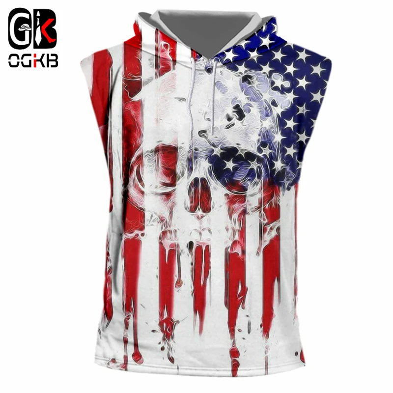 

OGKB Hiphop Sleeveless Hoodies Pullovers Men/women's Cool Print American Flag Skull 3d Hooded Tank Top Cap Vest Singlets Man
