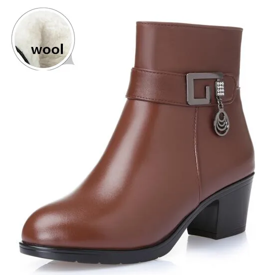 Brown wool Женские ботинки из натуральной кожи; коллекция года; зимние женские ботинки из натуральной кожи с подкладкой из толстой шерсти; женская зимняя обувь; большие размеры - Цвет: Brown wool