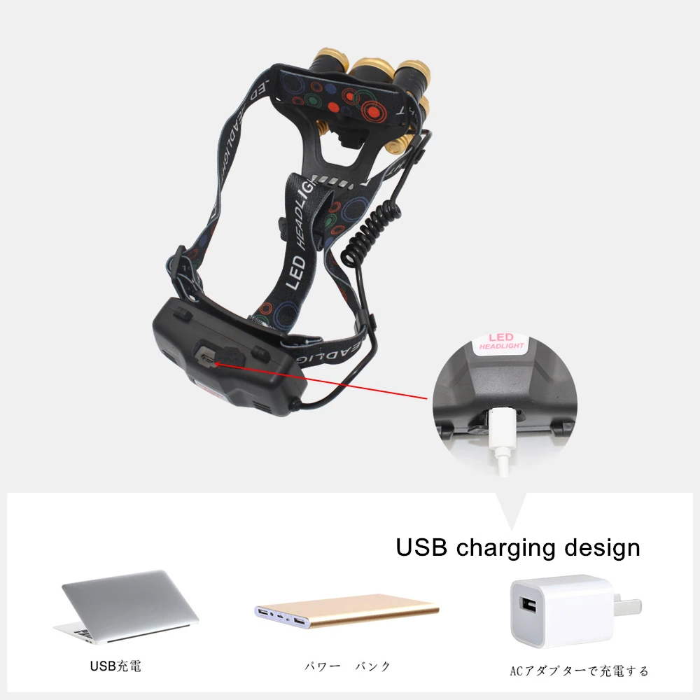 USB Перезаряжаемый налобный фонарь с масштабируемой головкой 5 светодиодов T6 Q5