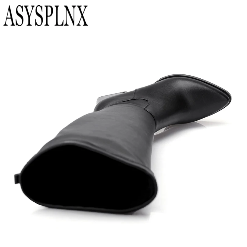 ASYSPLNX/бренд 2018 кожа на каблуке с острым носком Женская мода облегающие зимние