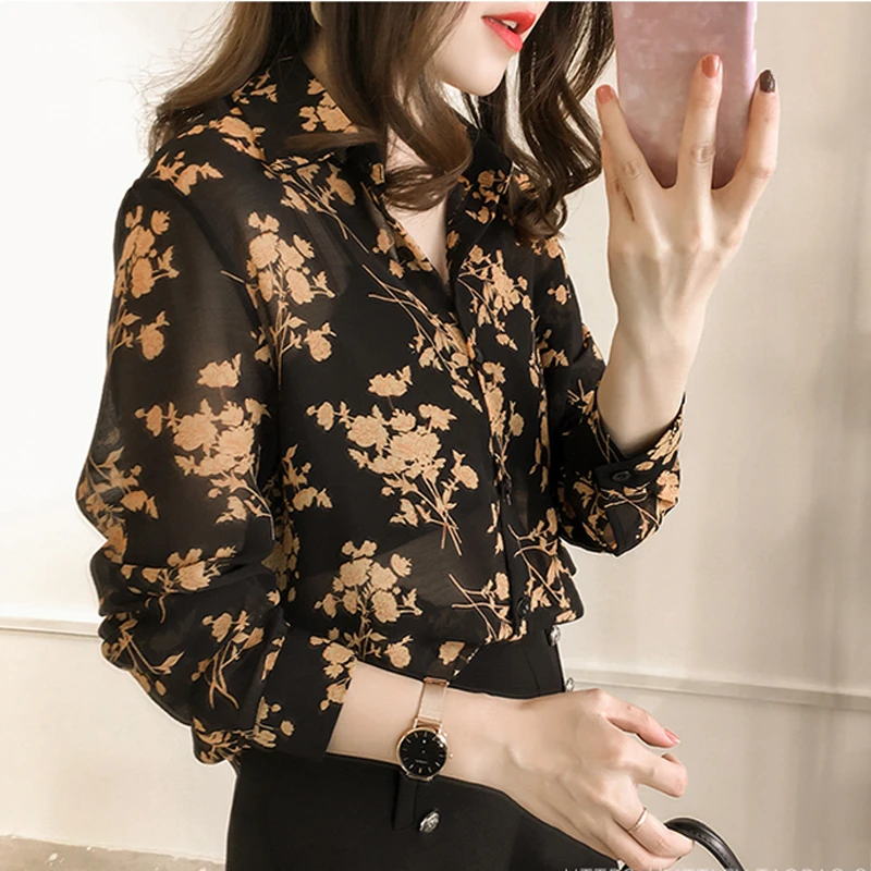 Women Retro Floral Printing Tops Fashion Sweet Chiffon Blouse Chic Shivering Shirt Long Sleeves 4XL Plus Size |