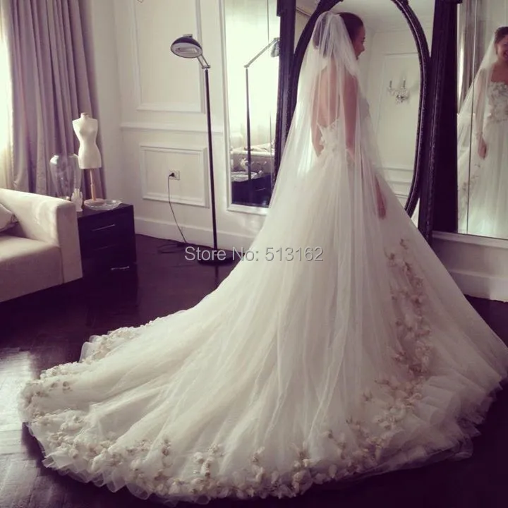 Luxurious Bridal Gown A-Line Strapless Court Train Afghan Chic Flowers Beading Tulle Long Wedding Dresses 2015 | Свадьбы и торжества
