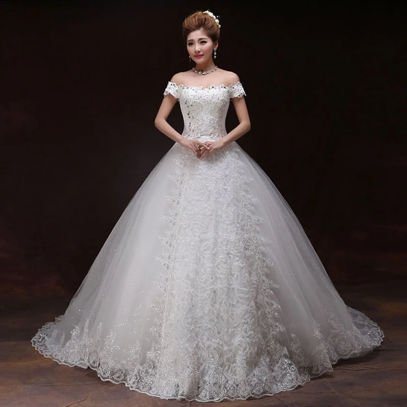 

Vestidos de Noiva Ball Gown Lace Wedding Dress Short Sleeves Crystal Sequined Long Tain Tulle Puffy Bride Gown Casamento Mariage