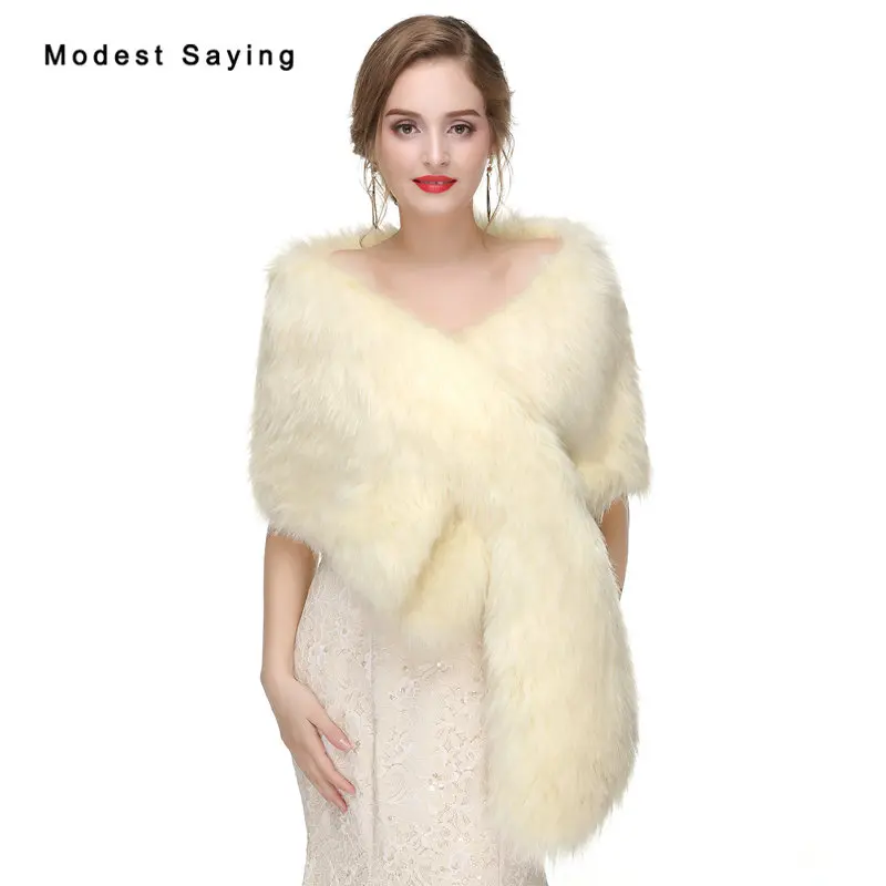 

New 2017 Fashion Cream Faux Fur Wedding Wraps Formal Fur Bridal Shawls Women Winter Fur Warm Scarives Long Hair Wedding Boleros