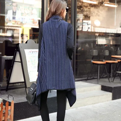 

2020 Street Casual Striped Women's Vest Sleeveless Coat Female Autumn Women's Spring Vests Lapel Long Cardigan Woolen Vest Women