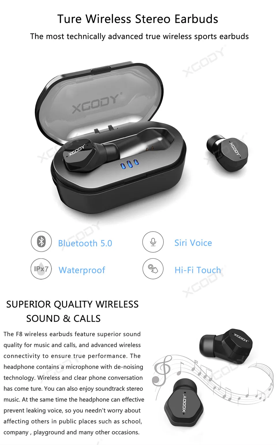 XGODY F8 бизнес беспроводные наушники Мини Bluetooth TWS наушники Handfree шумоподавление наушники с микрофоном для iphone Android