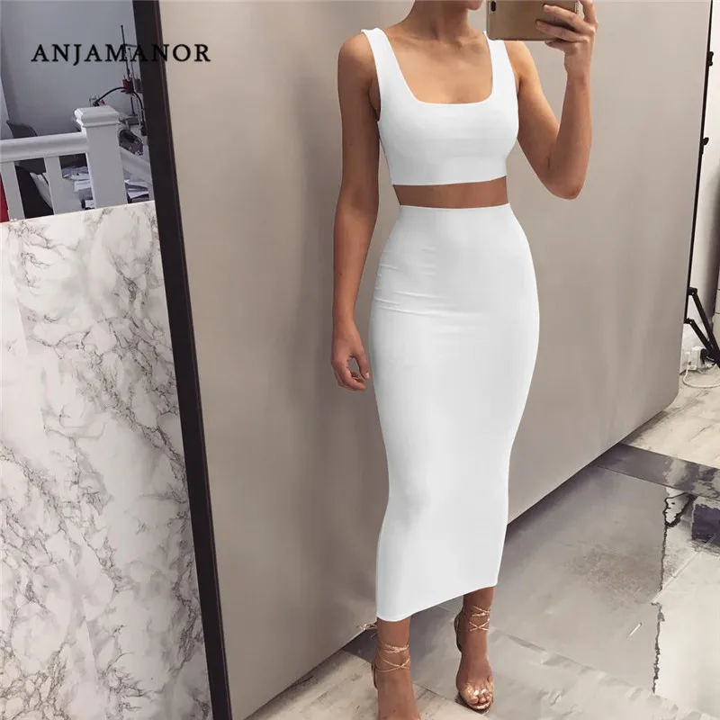 Женский комплект из 2 предметов ANJAMANOR белый короткий топ и длинная юбка летние