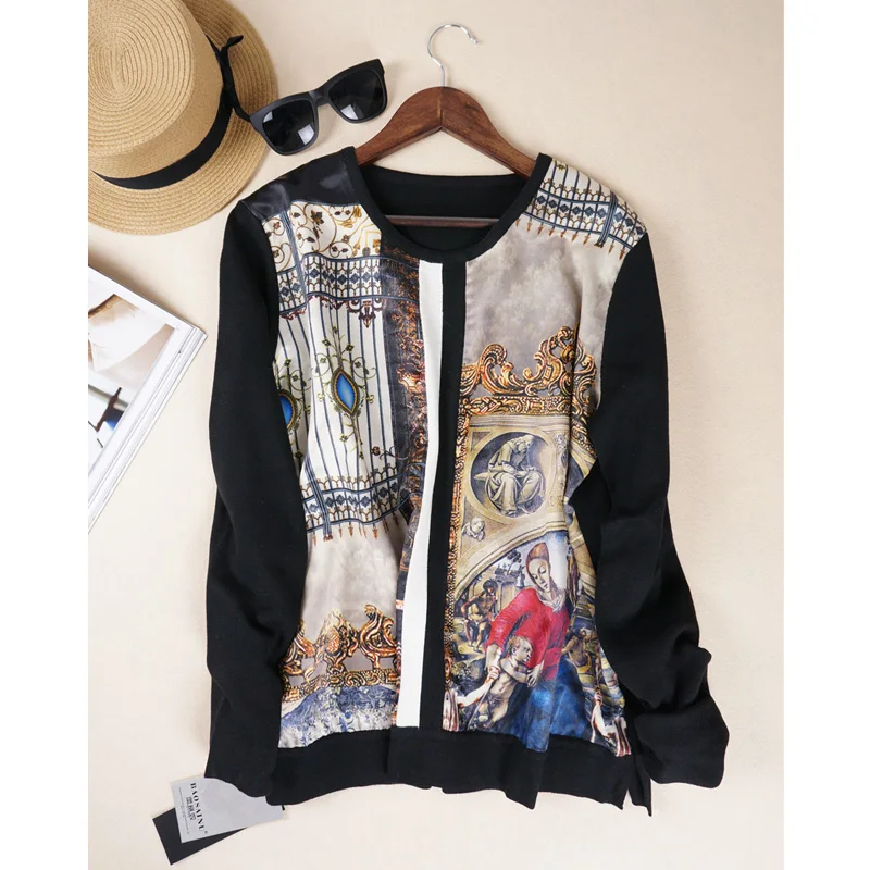 High quality 2017 new women autumn winter runway fashion O-neck character print pullovers knitted vintage T-shirt sweater D1611 | Женская