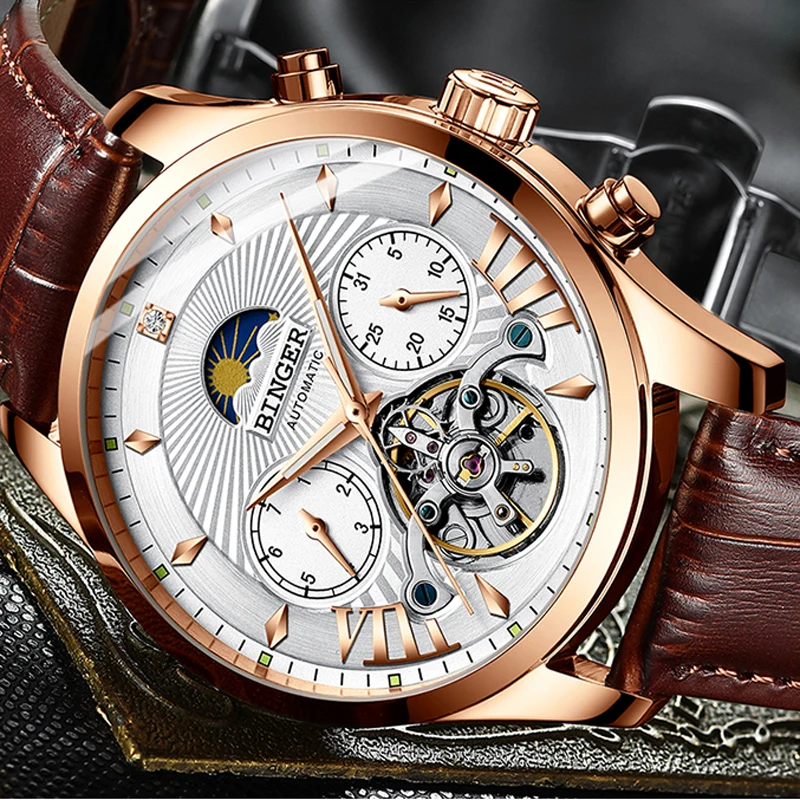 

Switzerland BINGER Automatic Mechanical Watch Tourbillion Mens Watches Top Brand Luxury Genuine Leather Waterproof Clock relogio