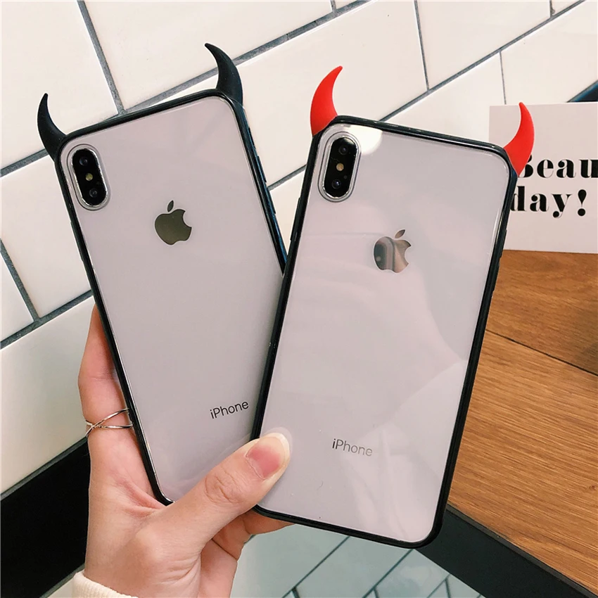 100 шт DHL iCasiber Милый Дьявол Рог чехол для iPhone XS Max XR XS 6 6S 7 8 Plus полная Защитная акриловая задняя крышка телефона