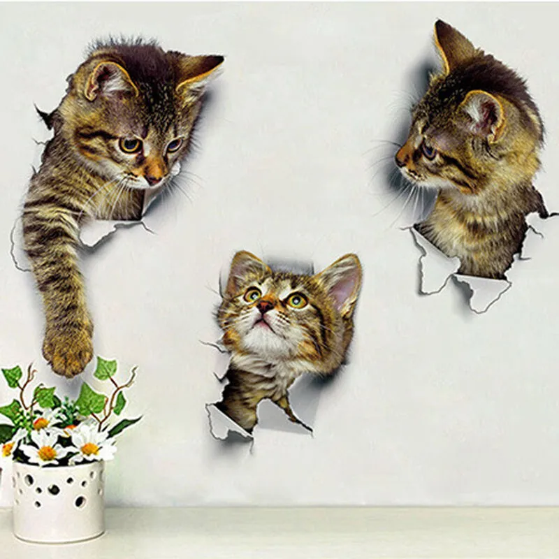 3D милый котенок животное мультяшная кошка Съемный Настенный стикер яркая