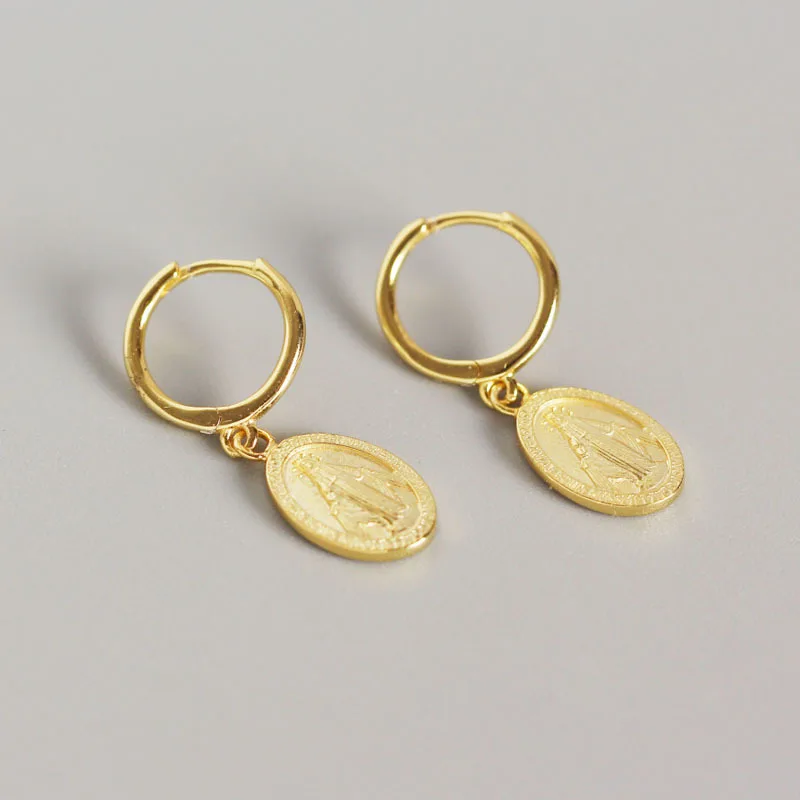 1 pair gold 9mm Серьги из стерлингового серебра 925 пробы, ретро, Санта-Мария, мать, монета, геометрические овальные короткие серьги-капельки, кольцо для ушей, дикий тренд, женские Серьги с драгоценными камнями - Окраска металла: 1 pair gold 9mm