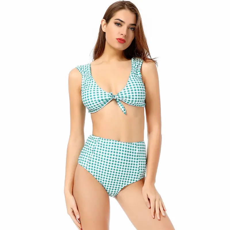 Binikis Set 2018 Summer New Plaid Bandage Bikinis Women Swimwear High Waist Swimsuits Push-Up Padded Bra Beachwear Bathing Suits | Женская
